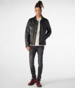 Men's Trendy Leather Harrington Jacket In Black - Image 4