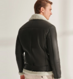Men's Shearling Aviator Biker Leather Jacket In Black - Image 2