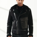 Men's Sheepskin Aviator Biker Leather Jacket In Black