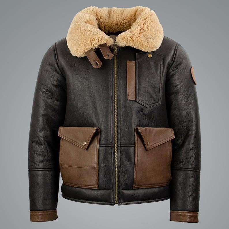Mens-Sheepskin-Chocolate-Black-Bomber-Jacket.jpg Mens Sheepskin Chocolate Black Bomber Jacket - Image 1