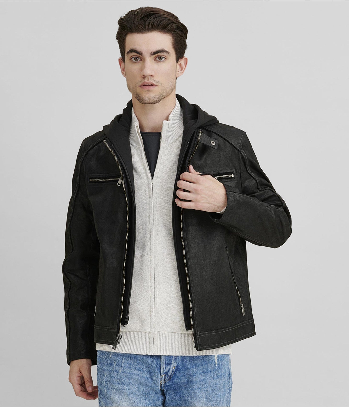 Mens-Suede-Leather-Cafe-Racer-Jacket-In-Black-a-1.jpg Men's Suede Leather Cafe Racer Jacket In Black - Image 1