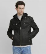 Men's Suede Leather Cafe Racer Jacket In Black - Image 2