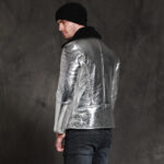 Mens Aircraft Pilot Shinny Sheepskin Shearling Silver Leather Jacket - Image 2