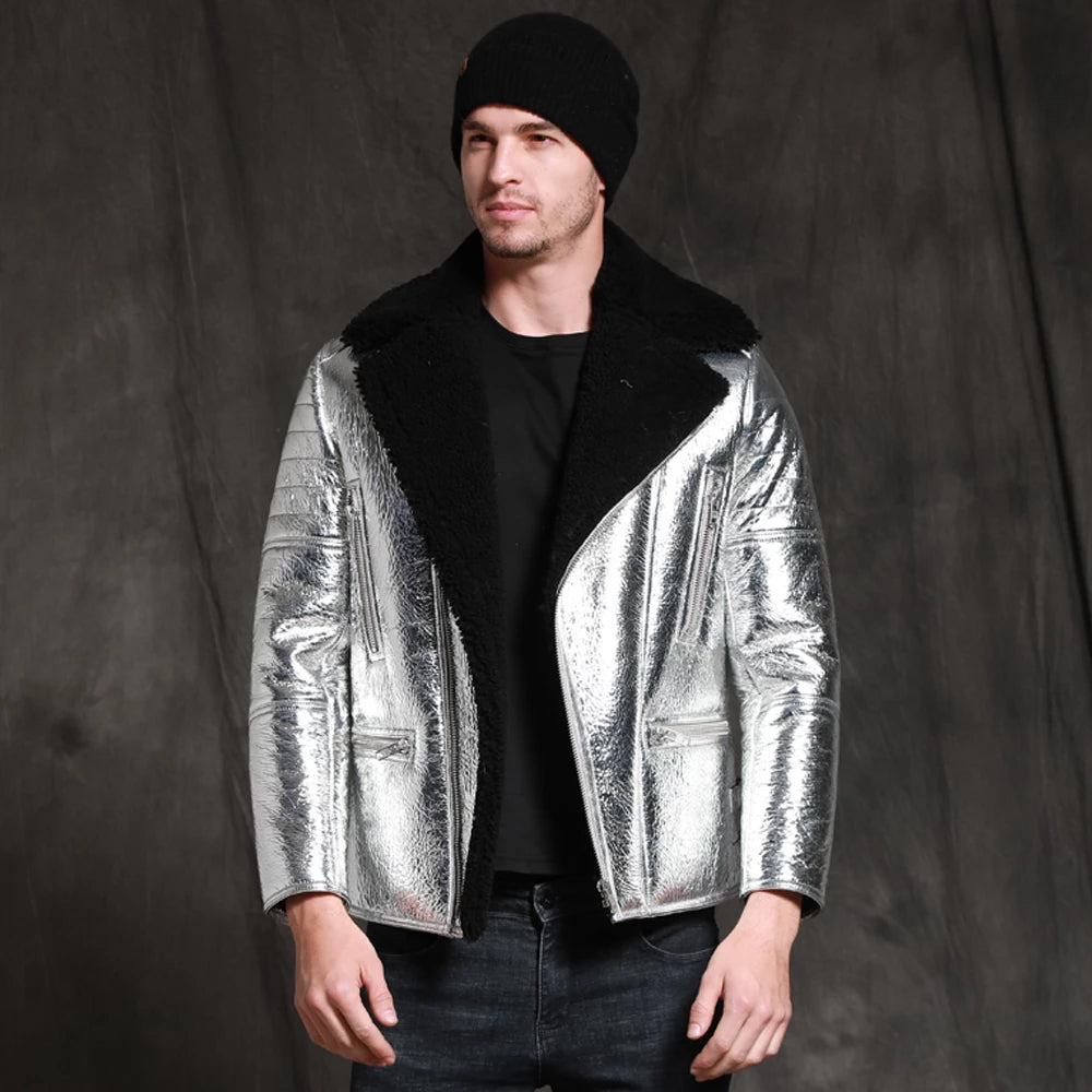 MensAircraftPilotShinnySheepskinShearlingSilverLeatherJacket2.jpg Mens Aircraft Pilot Shinny Sheepskin Shearling Silver Leather Jacket - Image 1