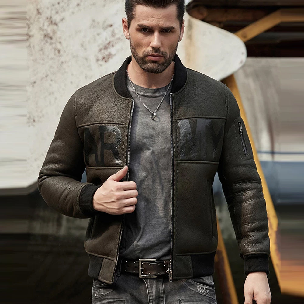 MensArmyGreenShearlingCoatSheepskinLeatherOvercoatMotorcycleB3FlightJacketBaseballUniform.jpg Mens ArmyGreen B3 Flight Sheepskin Motorcycle Leather Jacket - Image 1