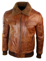Mens B3 Bomber Rust Tan Brown Fur Collar Aviator Pilot Leather Jacket - Image 3
