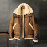 Mens B3 RAF Aviator Brown Double Collar Flight Shearling Leather Jacket Coat - Image 3