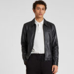 Mens Black Down Collar Sheepskin Leather Jacket - Image 2