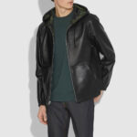 Mens Black Hooded Real Sheepskin Leather Bomber Jacket - Image 2