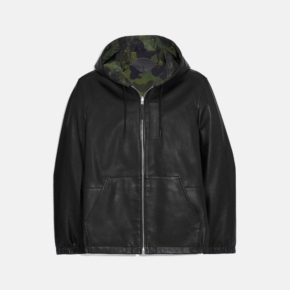 MensBlackHoodedRealSheepskinLeatherJacket.jpg Mens Black Hooded Real Sheepskin Leather Bomber Jacket - Image 1