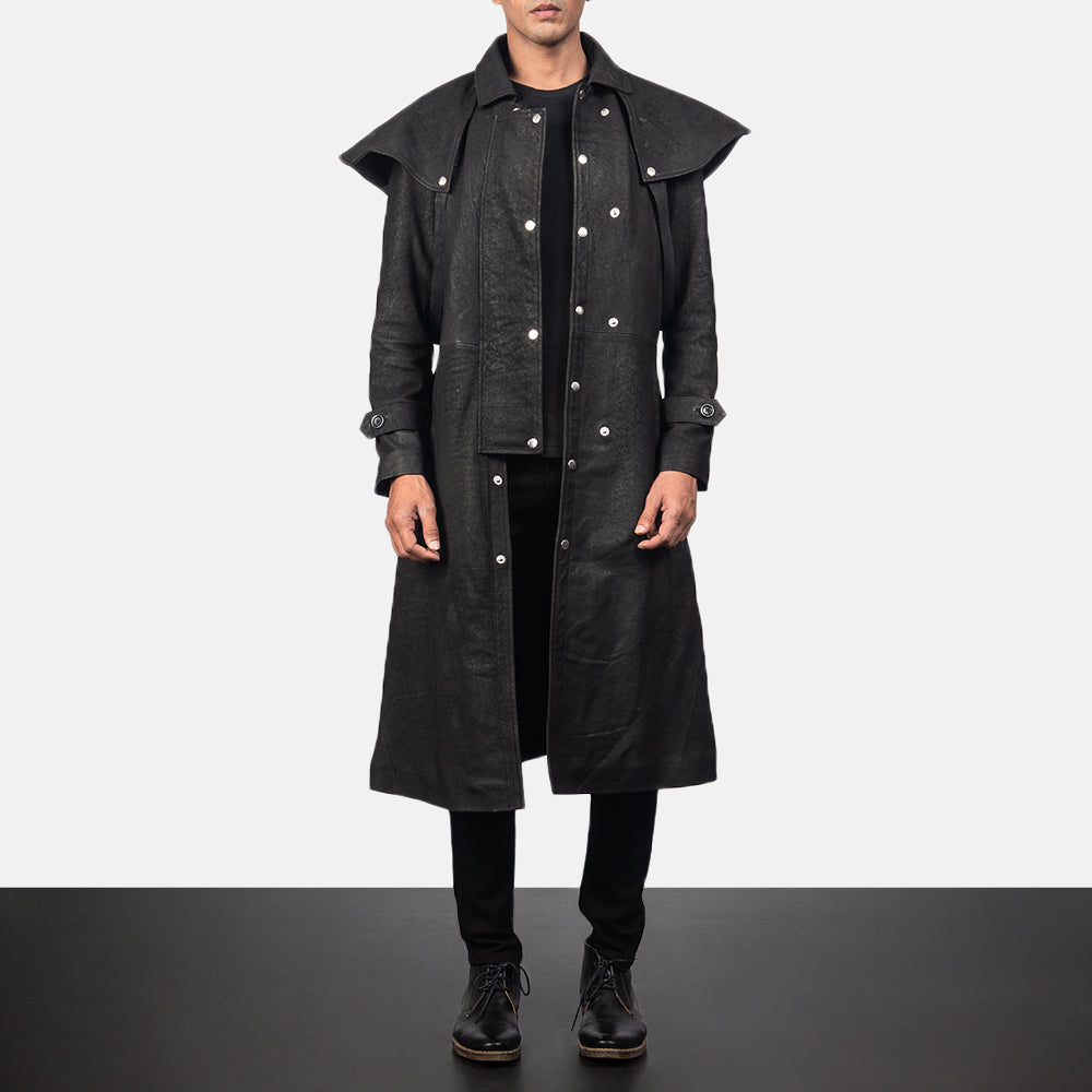 MensBlackLeatherDusterCoat.jpg Mens Premium Sheepskin Leather Studded Black Leather Duster Coat - Image 1