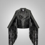 Mens Black Leather Motorcycle Cowboy Fringed Jacket