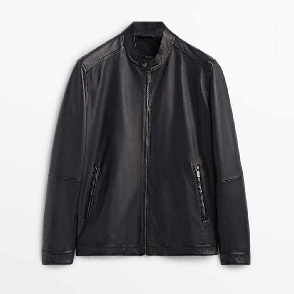 MensBlackPlainBikerJacket.jpg Mens Black Plane Biker Jacket - Image 1