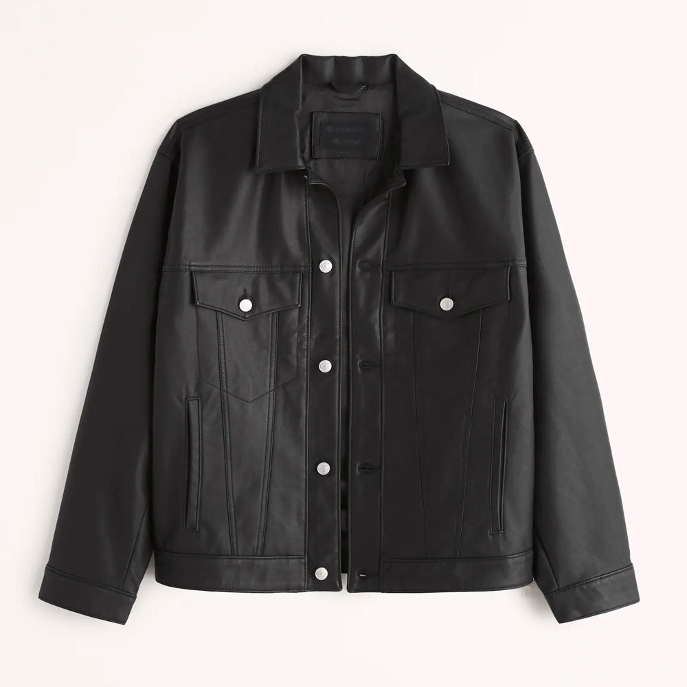 MensBlackPlainTruckerLeatherJacket2.jpg Mens Black Plain Trucker Leather Jacket - Image 1