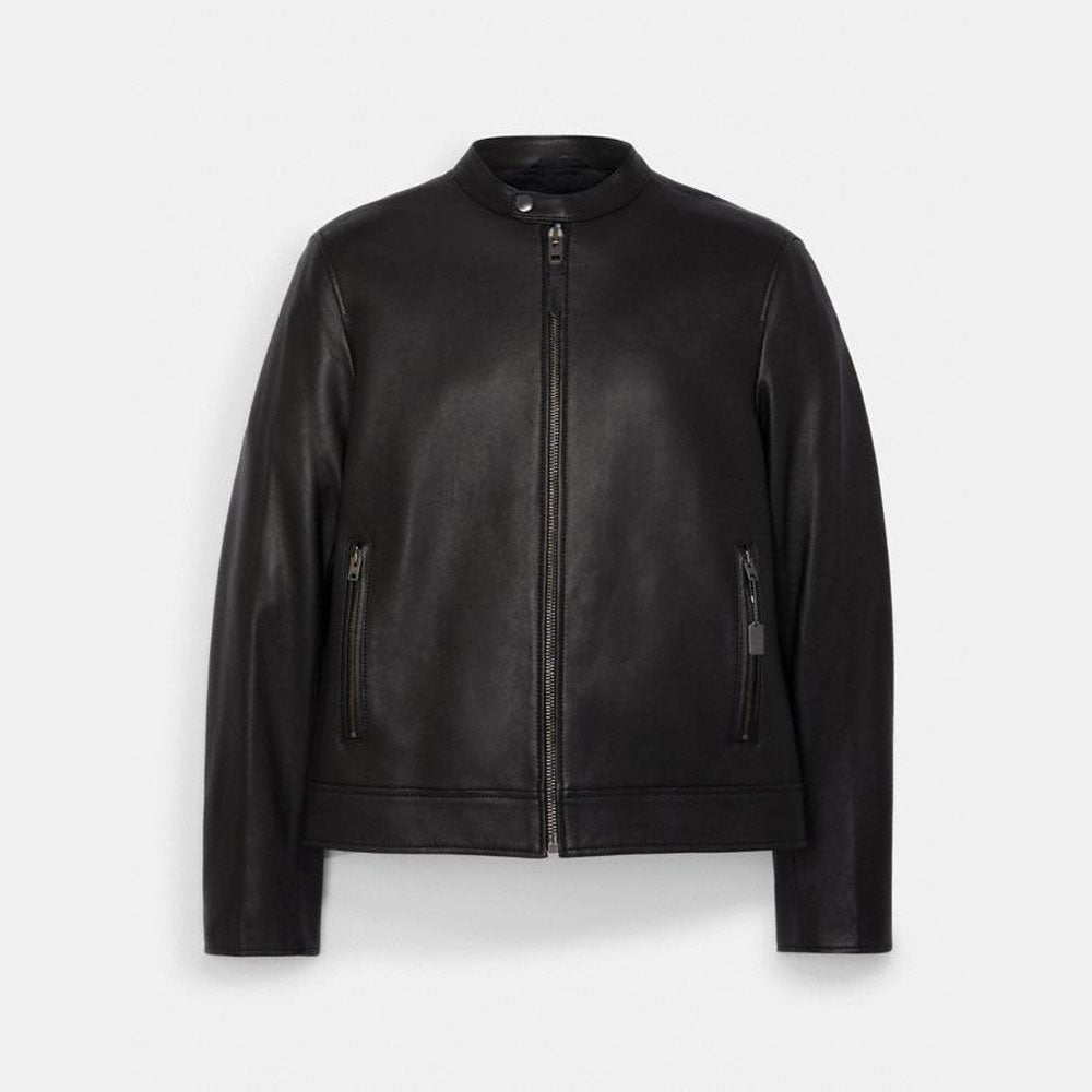 MensBlackSheepskinCafeRacerLeatherBikerJacket.jpg Mens Black Sheepskin Cafe Racer Leather Biker Jacket - Image 1