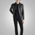 Mens Black Sheepskin Leather Trucker Jacket - Image 2