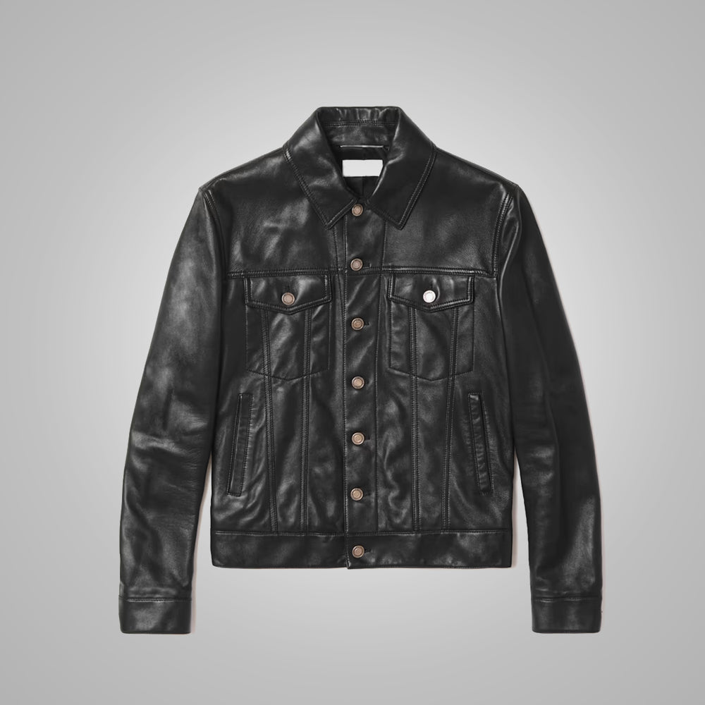 MensBlackSheepskinLeatherTruckerJacket3.jpg Mens Black Sheepskin Leather Trucker Jacket - Image 1