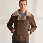 Mens Brown Biker Shearling Sheepskin Leather Aviator Jacket