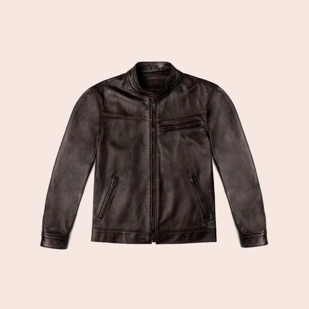 MensBrownCafeRacerGoatskinLeatherMotorbikeJacket5.jpg Mens Brown Cafe Racer Goatskin Leather Motorbike Jacket - Image 1