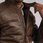 Mens Brown Cafe Racer Lambskin Leather Motorcycle Jacket - Image 4