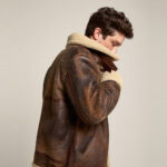 Mens Brown Distressed Leather Shearling Jacket - Image 2