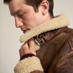 Mens Brown Distressed Leather Shearling Jacket - Image 3