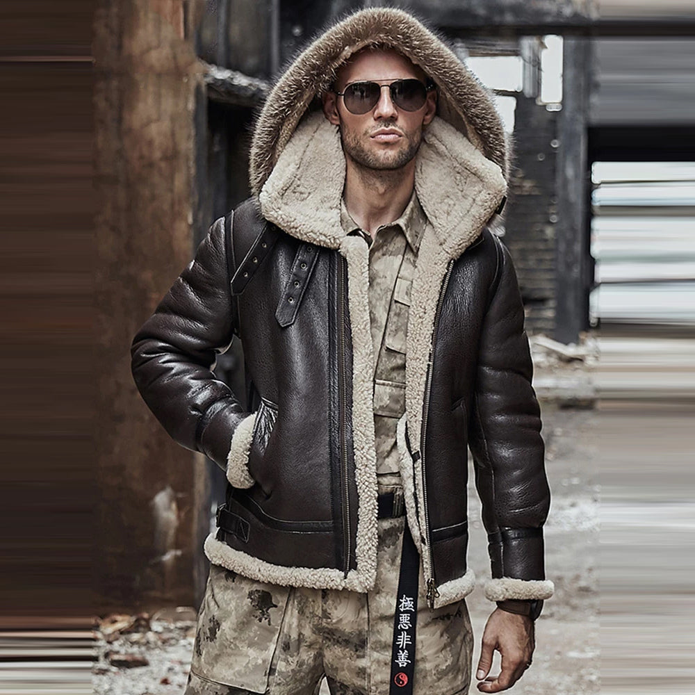 MensBrownHoodedB3RAFAviatorSheepskinShearlingLeatherJacket.jpg Mens Brown Hooded B3 RAF Aviator Sheepskin Shearling Leather Jacket - Image 1