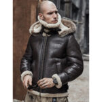 Mens Brown Hooded B3 RAF Aviator Sheepskin Shearling Leather Jacket - Image 2