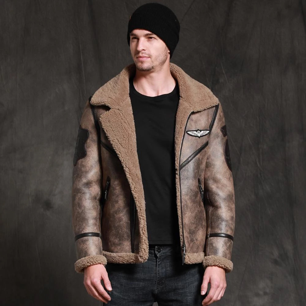MensBrownRAFAviatorB3WaxedEmbroidedSheepskinLeatherJacket2.jpg Mens Brown RAF Aviator B3 Waxed Sheepskin Leather Jacket - Image 1