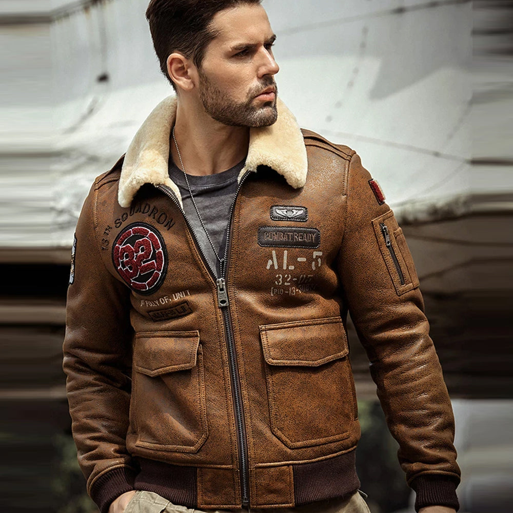 MensBrownShearlingJacketLeatherJacketFurCoatMensAirforceFlightCoatEmbroideredJacket.jpg Mens B3 Airforce Brown Embroidered Shearling Leather Bomber Jacket - Image 1