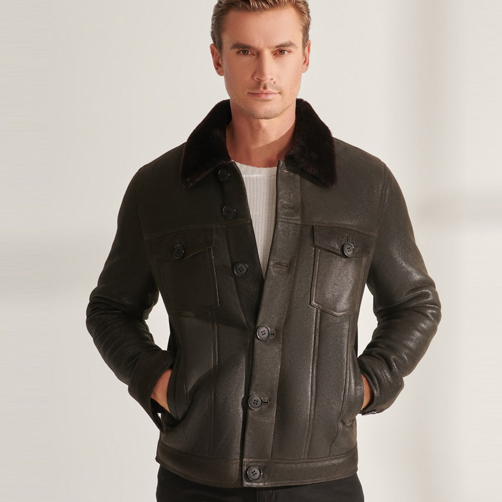 MensBrownSheepskinShearlingLeatherTruckerAviatorJacket2.jpg Mens Brown Sheepskin Shearling Leather Trucker Aviator Jacket - Image 1