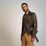Mens Brown Studded Distressed Leather Jacket - Image 3