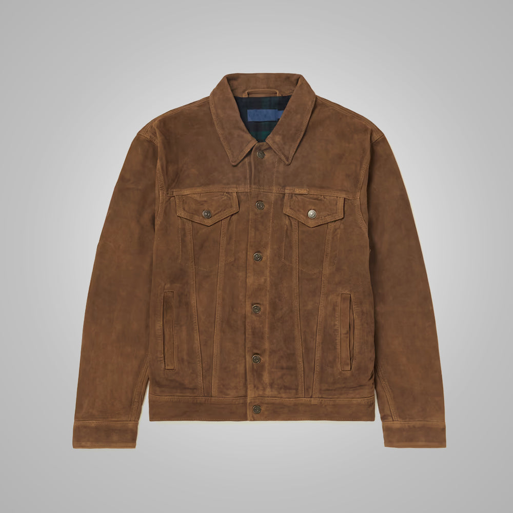 MensBrownSuedeLeatherIconicTruckerJacket3.jpg Mens Brown Suede Leather Iconic Trucker Jacket - Image 1