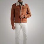 Mens Brown Suede Leather Shearling Trucker Jacket - Image 4