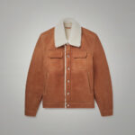Mens Brown Suede Leather Shearling Trucker Jacket
