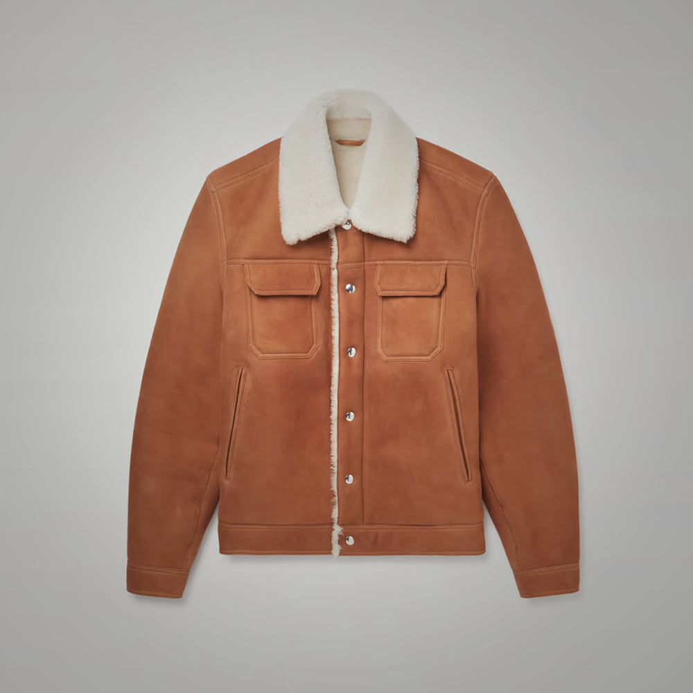 MensBrownSuedeLeatherShearlingTruckerJacket4.jpg Mens Brown Suede Leather Shearling Trucker Jacket - Image 1