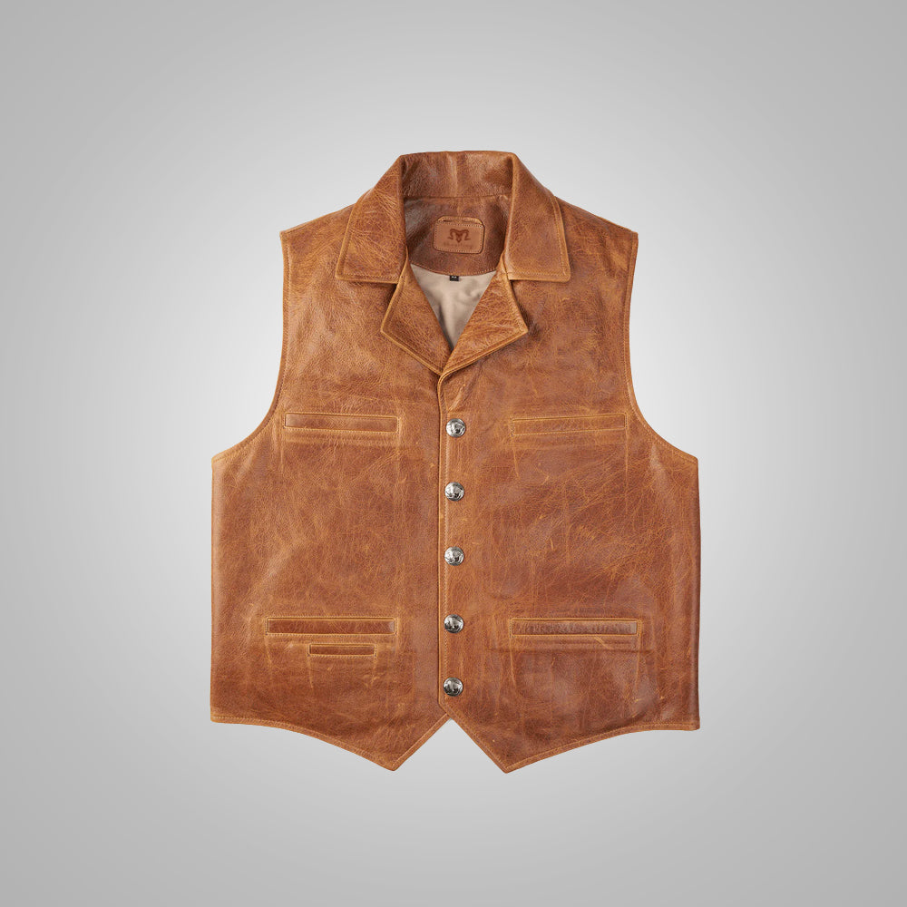 MensBrownWesternCowboyLeatherVest5.jpg Mens Brown Western Cowboy Leather Vest - Image 1