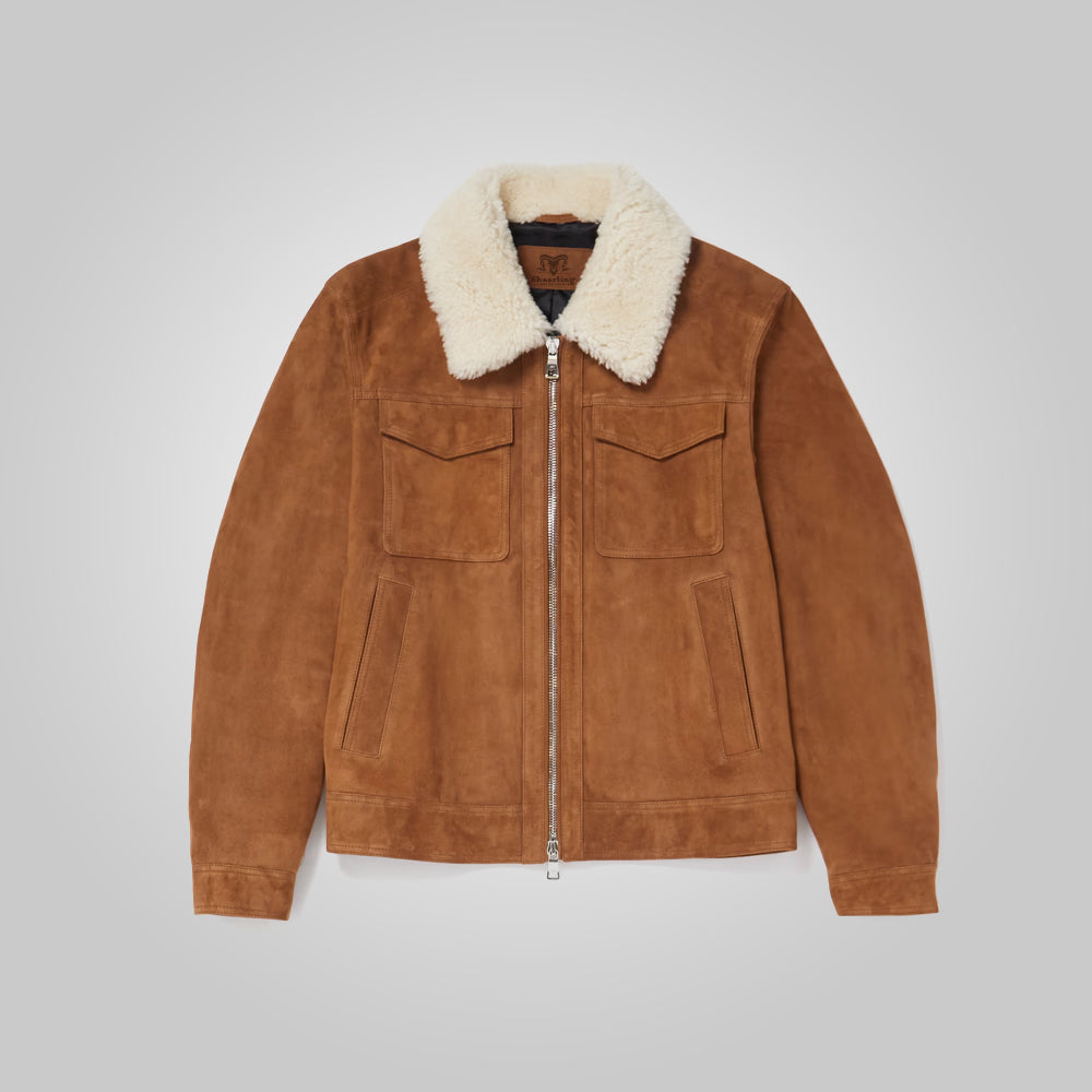MensFurCollarBrownSuedeLeatherTruckerJacket4.jpg Mens Fur Collar Brown Suede Leather Trucker Jacket - Image 1