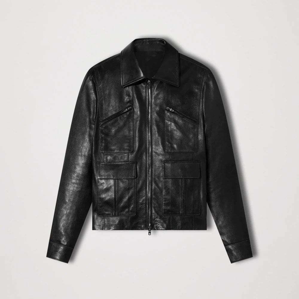 MensGenuineBlackSheepskinTruckerLeatherJacket.jpg Mens Genuine Black Sheepskin Trucker Leather Jacket - Image 1