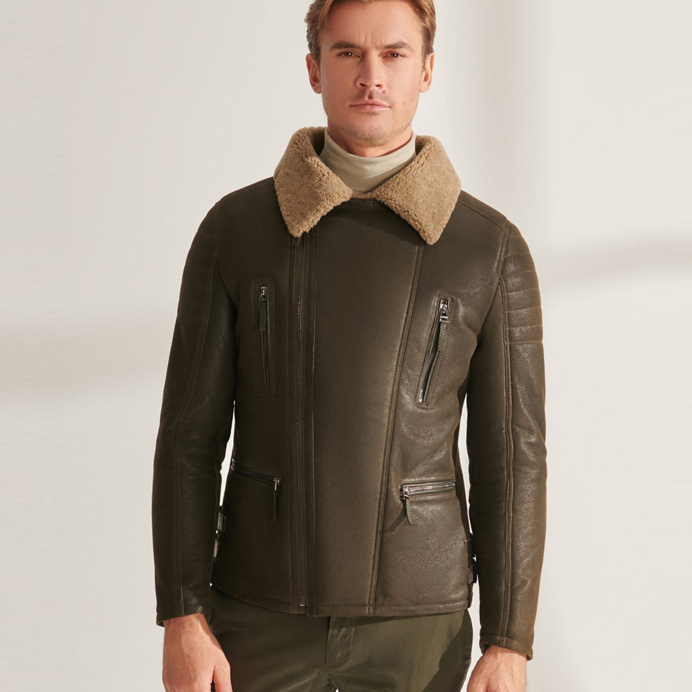 MensGreenRAFShearlingAirforceSheepskinAviatorLeatherJacket2.jpg Mens Green RAF Shearling Airforce Sheepskin Aviator Leather Jacket - Image 1