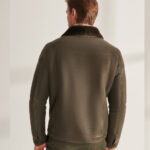 Mens Green Sheepskin Shearling Leather Trucker Aviator Jacket - Image 2