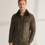 Mens Green Sheepskin Shearling Leather Trucker Aviator Jacket