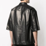 Mens Half Sleeves Soft Sheepskin Black Leather Shirt - Image 2
