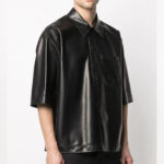 Mens Half Sleeves Soft Sheepskin Black Leather Shirt - Image 3