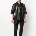 Mens Half Sleeves Soft Sheepskin Black Leather Shirt - Image 4