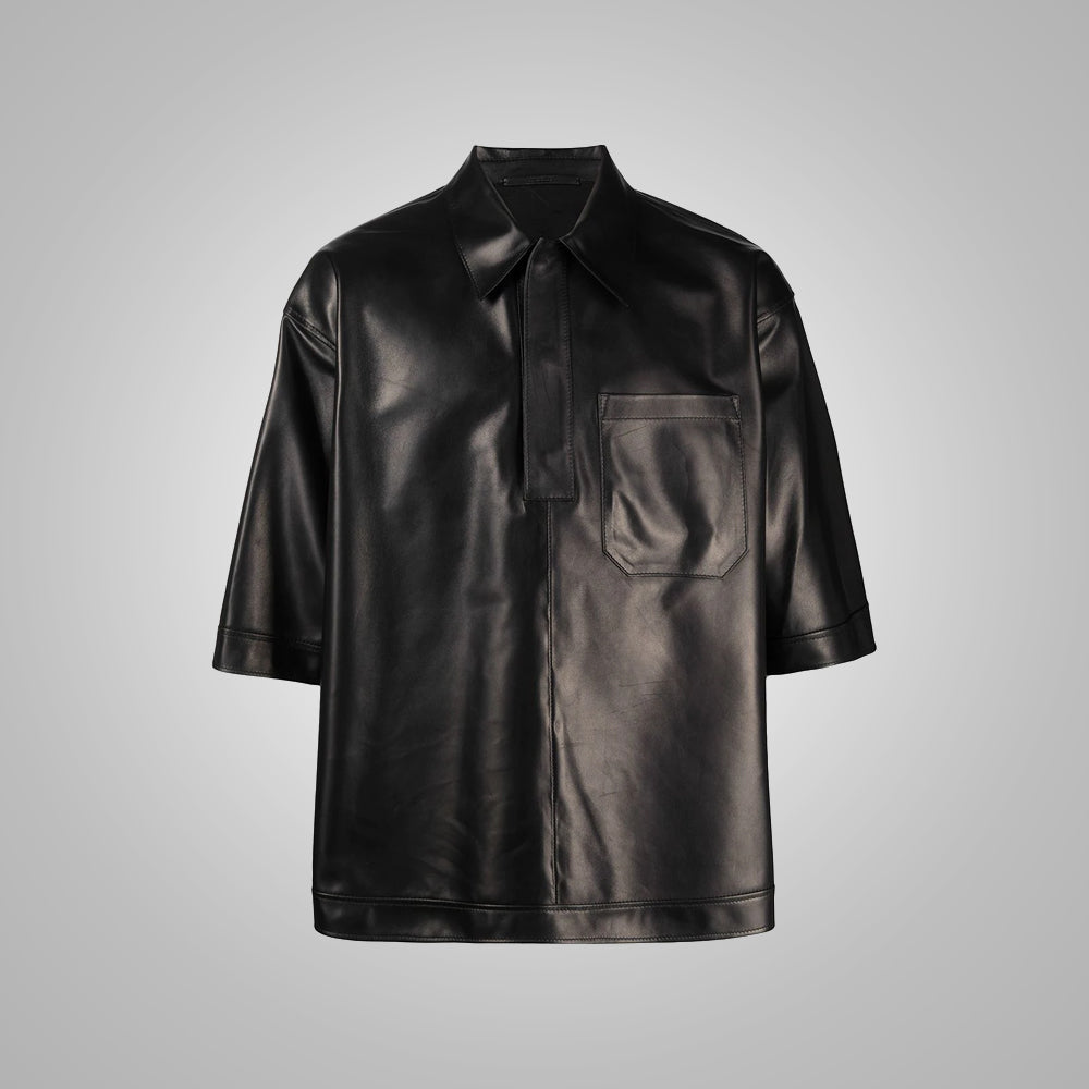 MensHalfSleevesSoftSheepskinBlackLeatherShirt5.jpg Mens Half Sleeves Soft Sheepskin Black Leather Shirt - Image 1