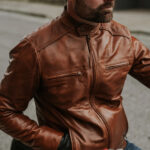 Mens Light Brown Cafe Racer Leather Motorbike Jacket - Image 4