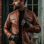 Mens Light Brown Cafe Racer Leather Motorbike Jacket - Image 5