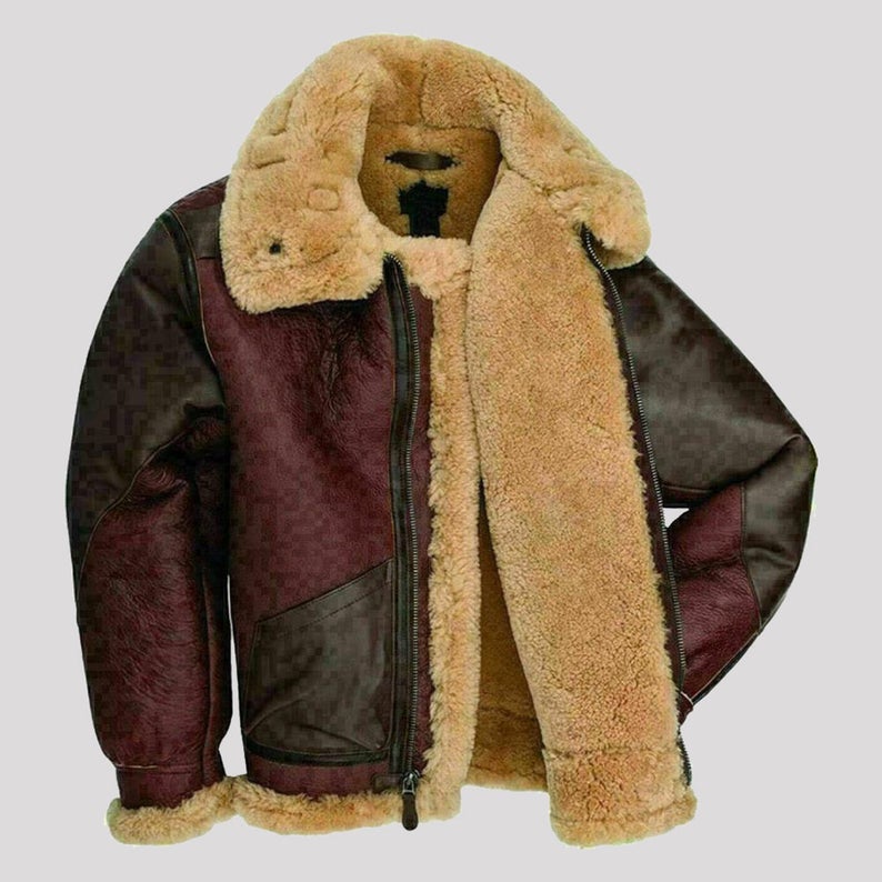 MensMaroonRAFAviatorFurShearlingB3FlyingBrownBomberRealLeatherJacket4.jpg Mens Maroon RAF Aviator Fur Shearling B3 Flying Brown Bomber Real Leather Jacket - Image 1