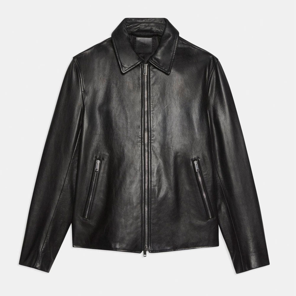 MensPointedCollarBlackShirtStyleLeatherJacket2.jpg Mens Pointed Collar Black Shirt Style Leather Jacket - Image 1